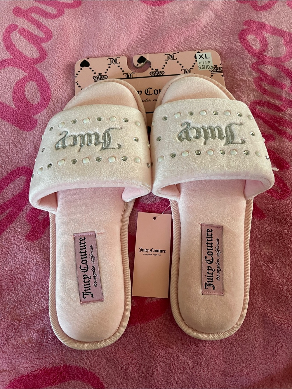 Juicy Couture Light Pink Plush Slide Slippers with Embroidered Logo